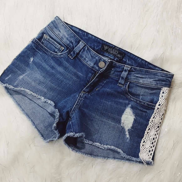 Guess Lace Sides Denim Distressed Shorts - Picture 1 of 8